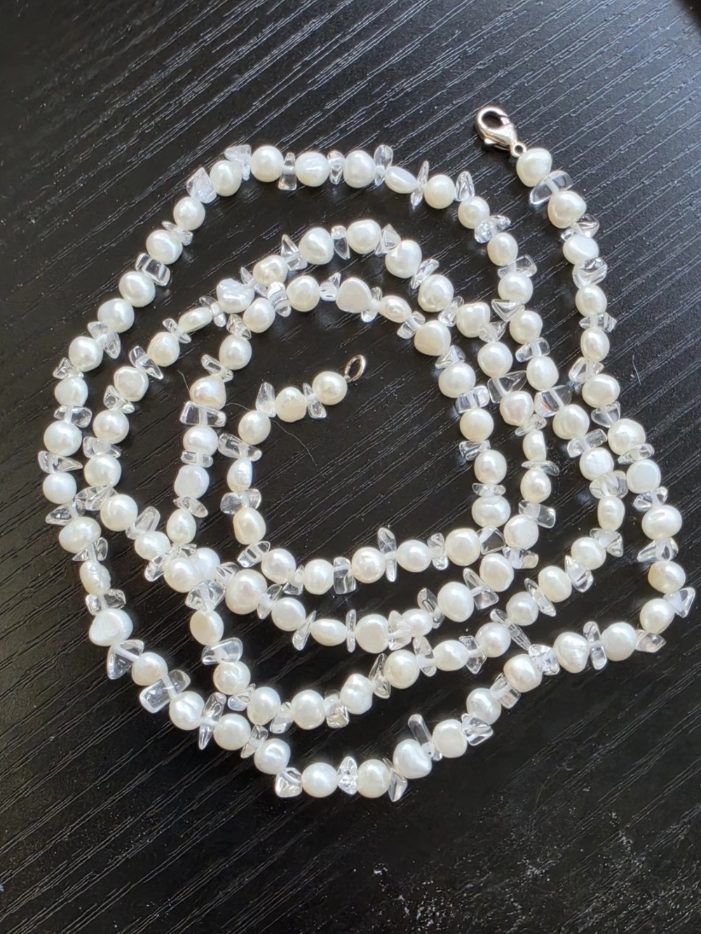 Freshwater Pearl & Clear Quartz Chip Long Necklace 925 Sterling Silver Clasp 36"